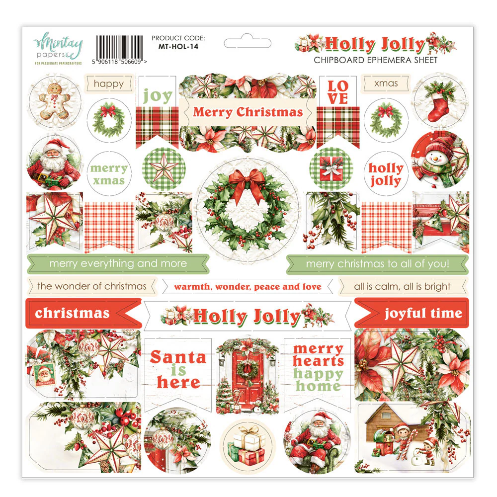 Mintay Holly Jolly 12x12 Inch Chipboard Ephemera Sheet