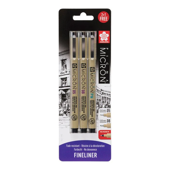 Sakura Pigma Micron Set Black 01, 05 & Free Pn Pen