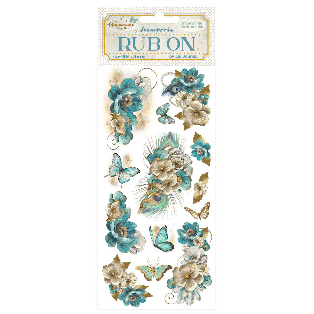 Stamperia Masquerade Rub-On 4x8,5 Inch Blue Flowers