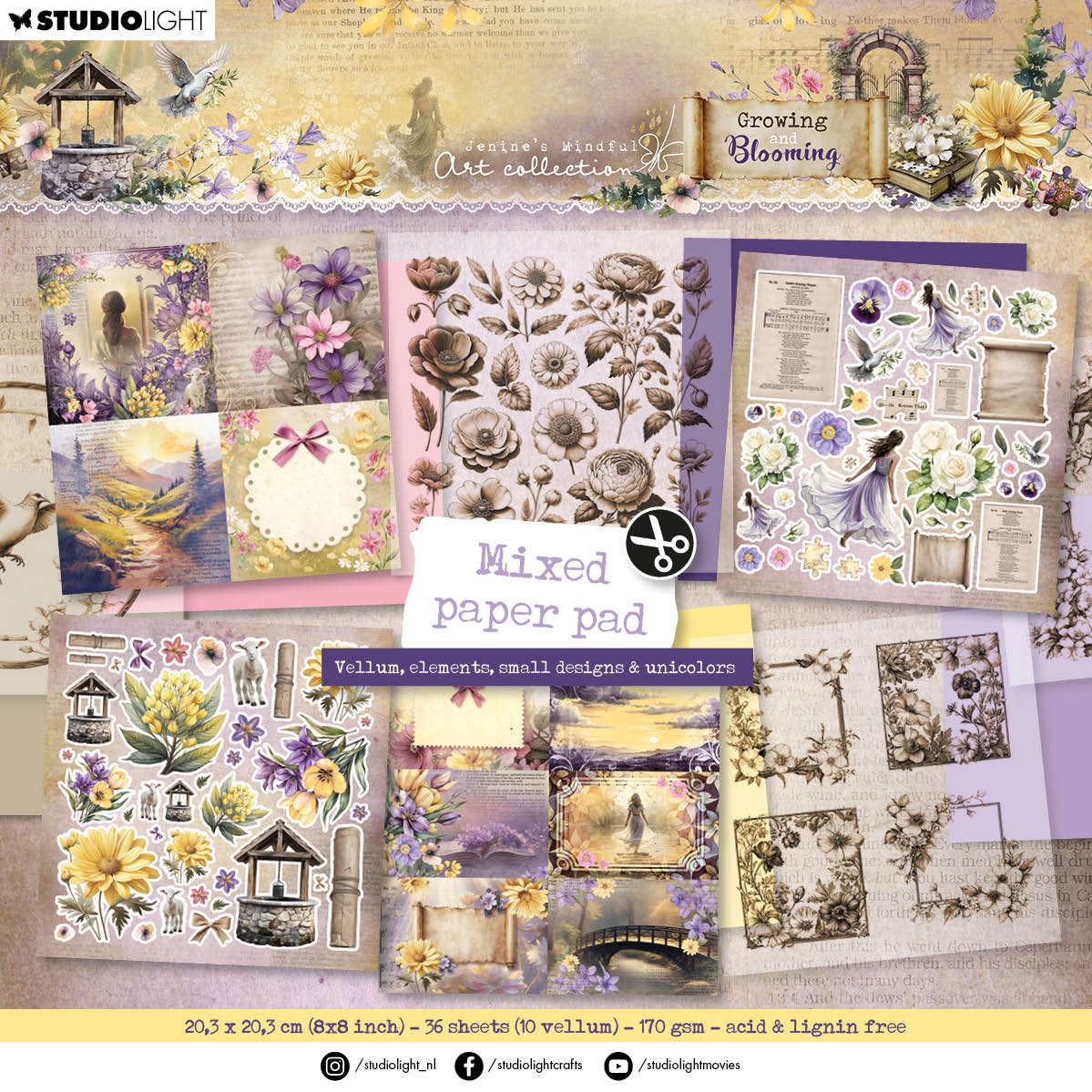 Studio Light Jenine's Mindful Art - Growing & Blooming - Mixed Paper Pad - Vellum, Unicolor & Elements